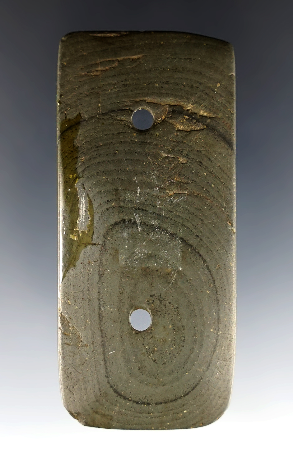 2 7/8" well patinated Gorget found in Delaware Co., Ohio.