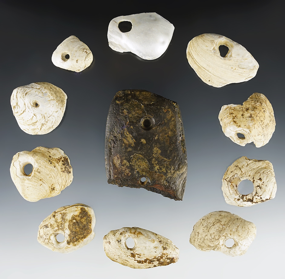 Cache of Shell Beads and Gorget found in Smith Co., Tennessee. Comes with a Davis COA.