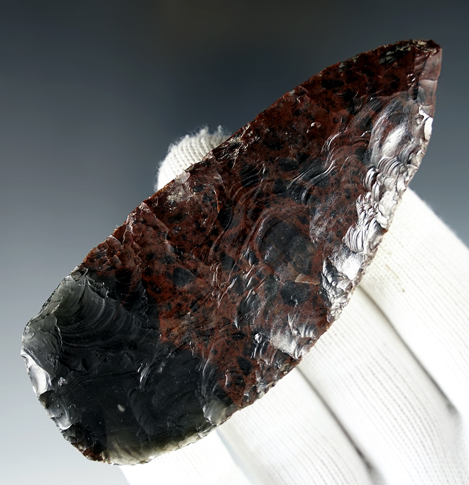 4 1/8" Blade made from rare Triple Flow Obsidian. Found in Modoc Co., California. Ex. G. Miller.