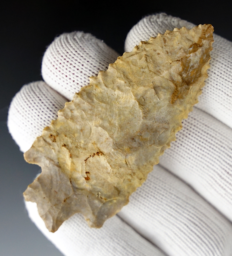 Incredibly fine serrations on this 2 13/16" Stemmed point found in Kentucky.