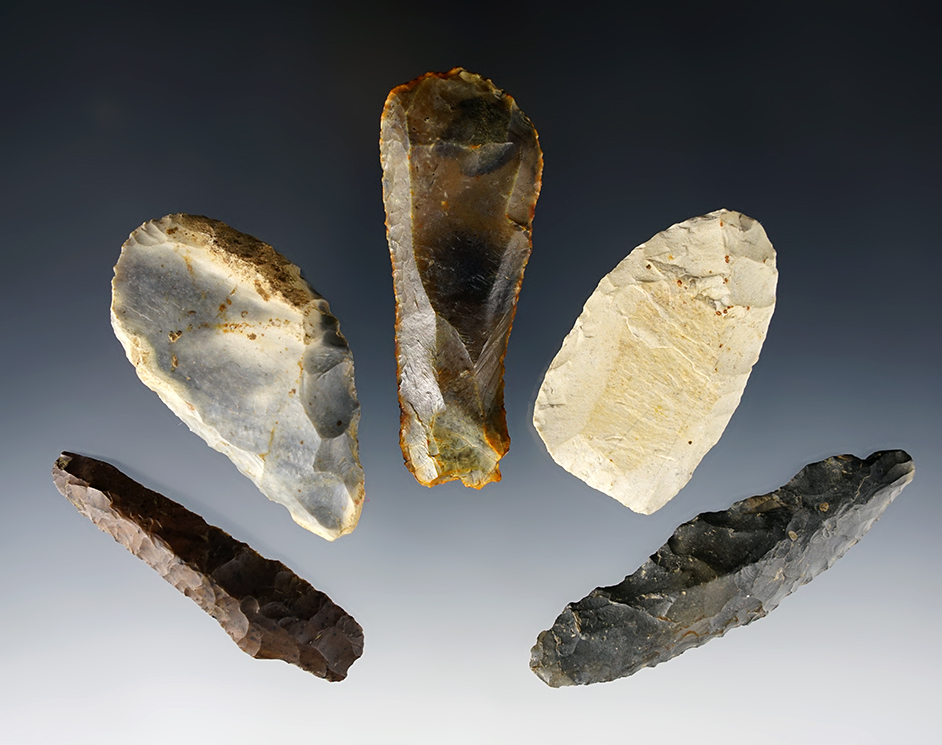 Set of 5 nice Paleo Tools found in various locations. The largest is 3 5/16".