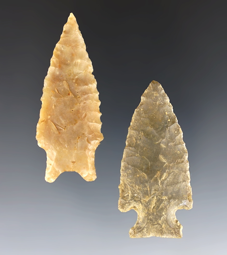 Pair of nice points including a 2 1/8" Kirk Bifurcate found in Cumberland Co., Kentucky