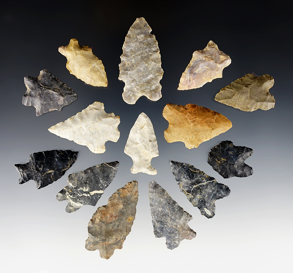 Set of 14 assorted Ohio points. Most are Bifurcated. The largest is 1 3/4".