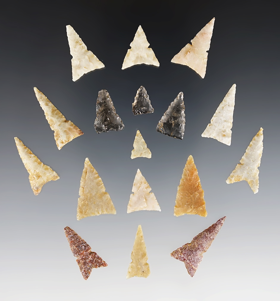 Set of 17 arrow points found near the Verde River in Central Arizona in the 1950's. Stermer COA.