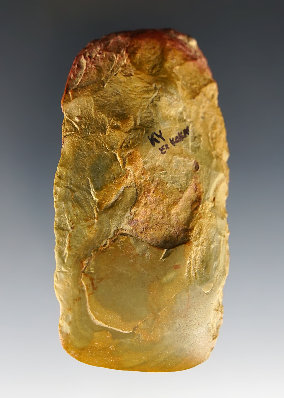 Nicely colored 3 1/2" Flint Celt with a well polished and sharp bit. Found in Kentucky.