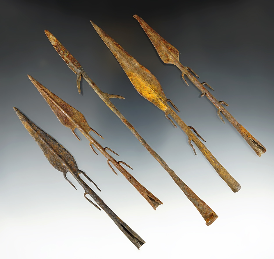 Set of 5 fishing Harpoon Iron Spear Tips. Recovered in the Philippines. Largest is 7".