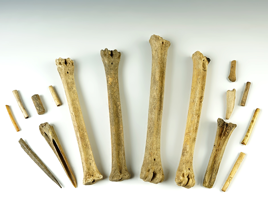 Set of 16 assorted Bone artifacts found at the Goldcamp Site, Lawrence Co., Kentucky.
