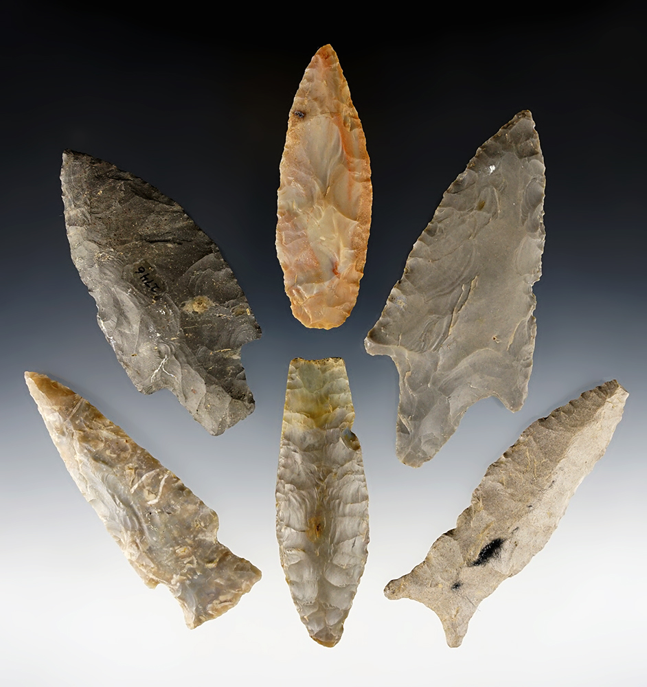 Set of 6 nice Kentucky points from the Charlie Long collection. Includes a nicely flaked Lanceolate.