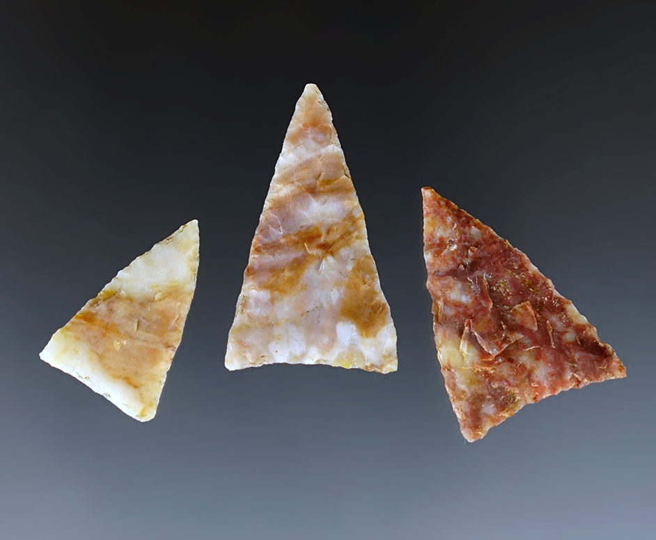 3 colorful Triangle points made from Alibates. Found around Palo Duro Canyon, Amarillo, Texas.