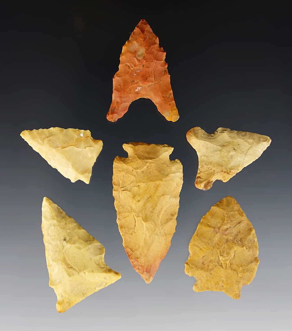 Set of 6 nicely made Arkansas and Louisiana points in good condition. The largest is 1 15/16".