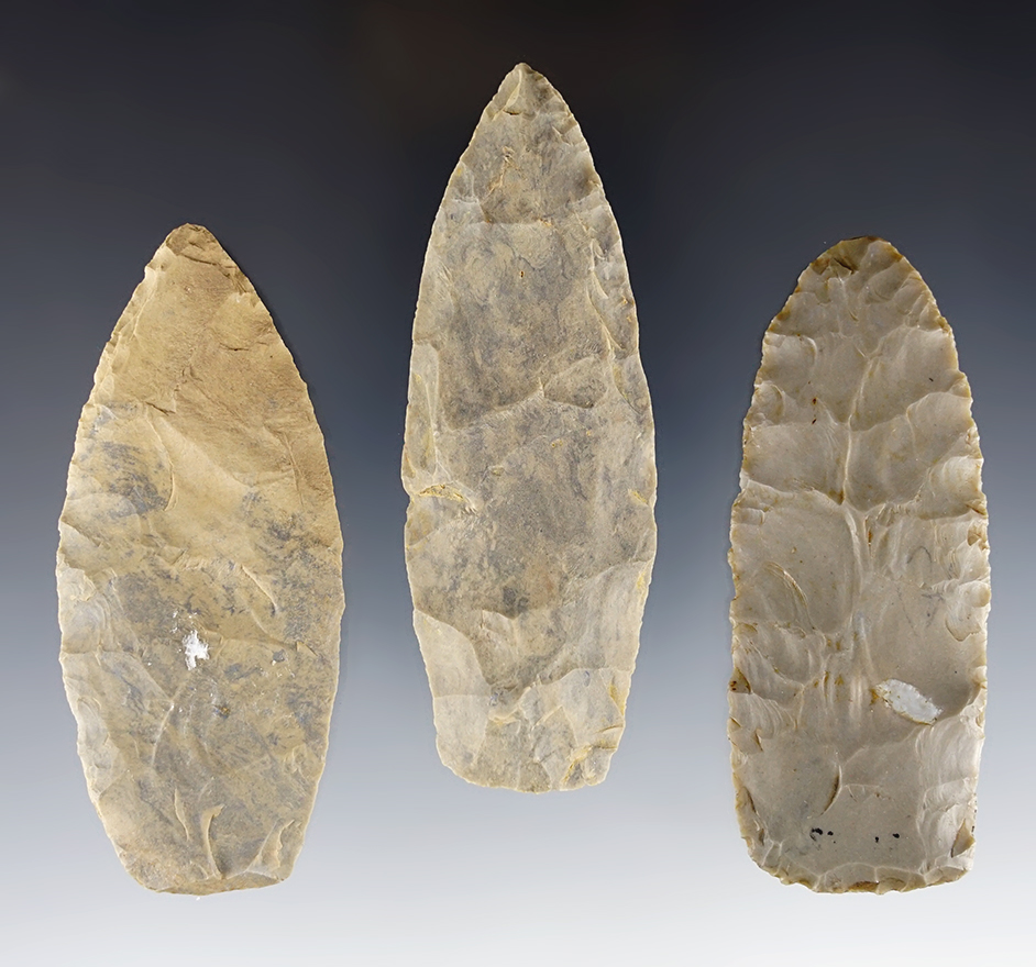 Set of 3 finely made Blades found in southern Kentucky. The largest is 3 7/16".