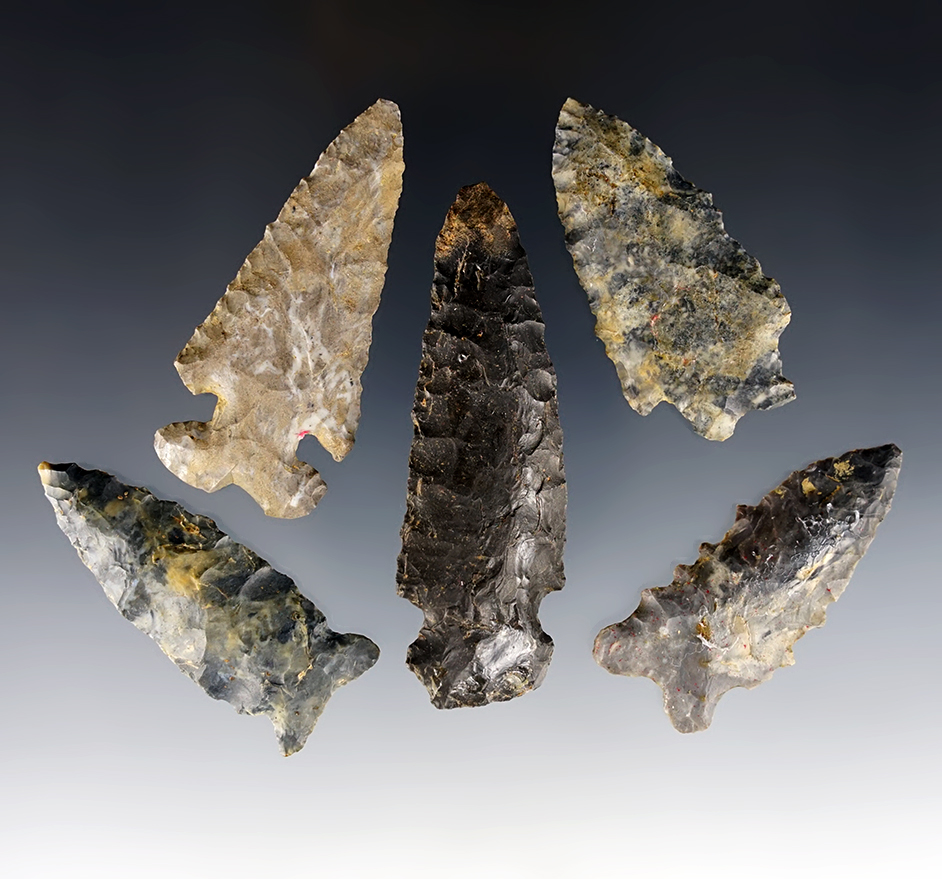 Set of 5 assorted Ohio Archaic points in nice condition. The largest is 2 3/4".