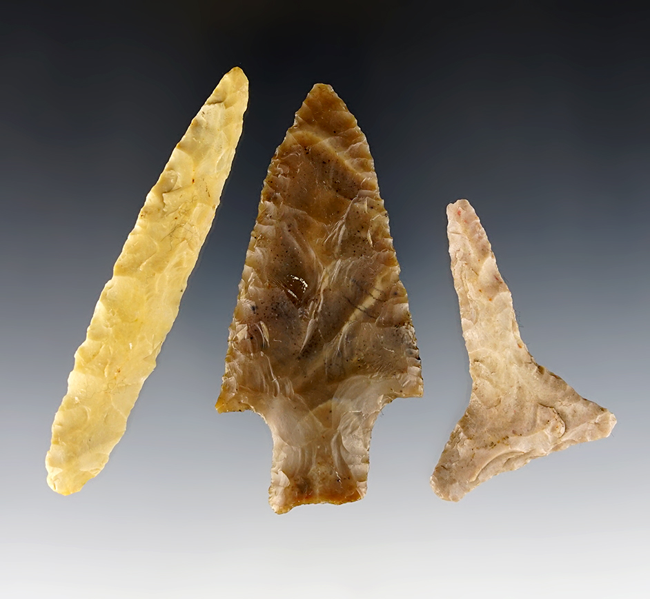 Set of 3 well made Texas artifacts including a Drill, Blade and a Lange. The largest is 3 1/4".