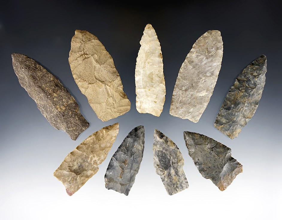 Set of 9 Paleo Lanceolates, most are from Ohio. The largest is 3 1/4".