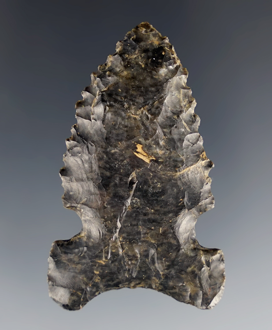 Well serrated 2 1/8" Archaic Sidenotch made from Coshocton Flint. Found in Meigs Co., Ohio.