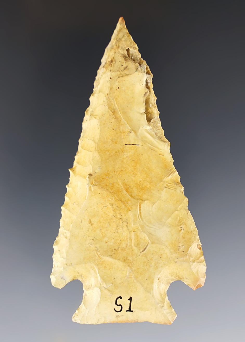 3 1/4" Lost Lake that is steeply beveled and well made. Found in Georgia. Davis COA, G-8..