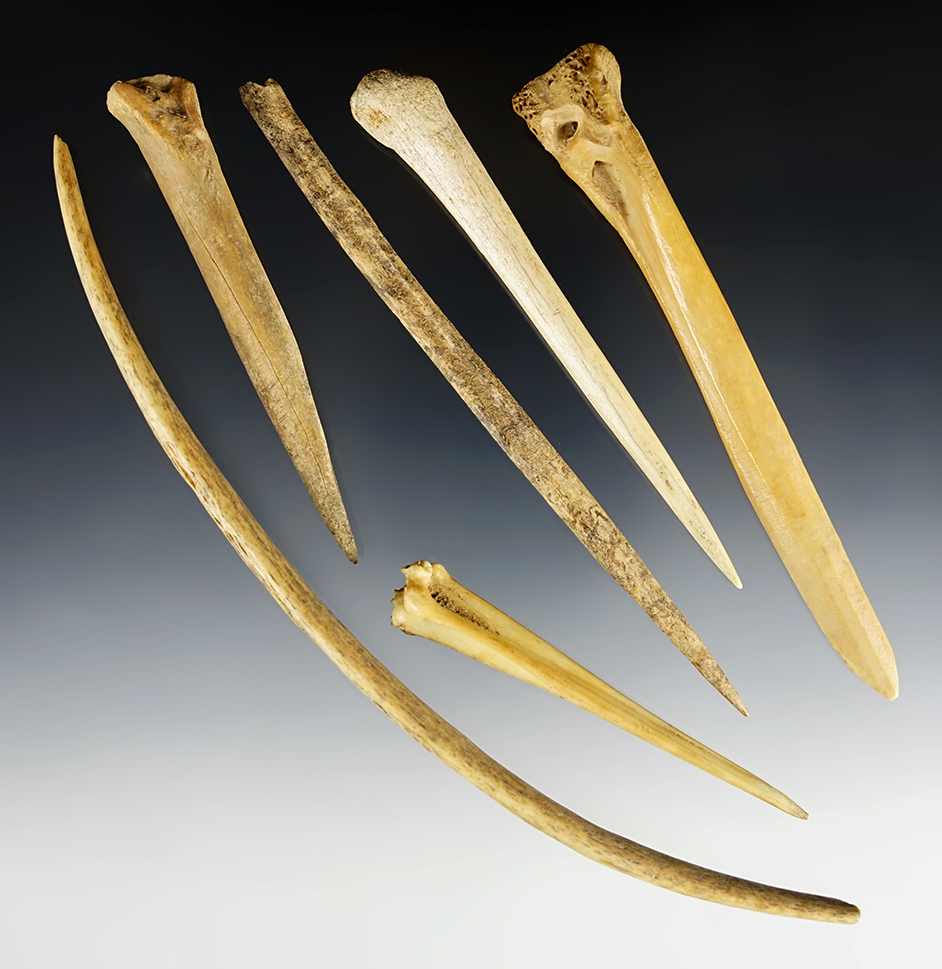Set of 6 large Bone Awls found in Kentucky. The largest is 7 13/16".
