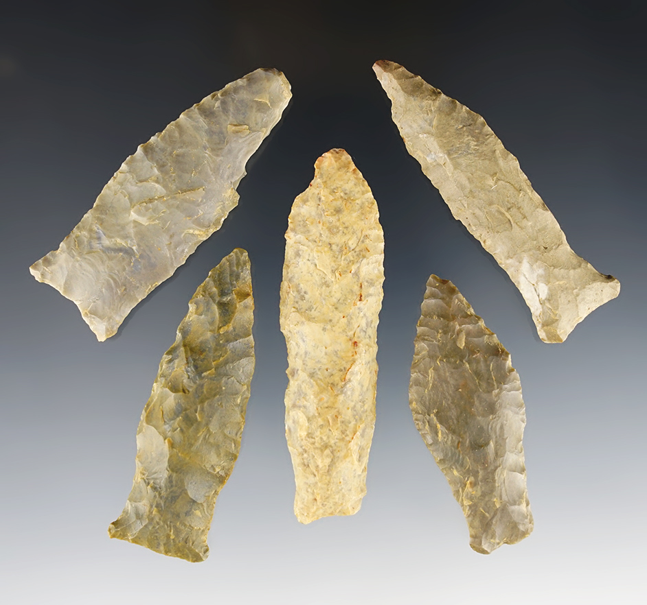 Set of 5 Paleo points found in Tennessee. All are in good condition. The largest is 2 7/8".