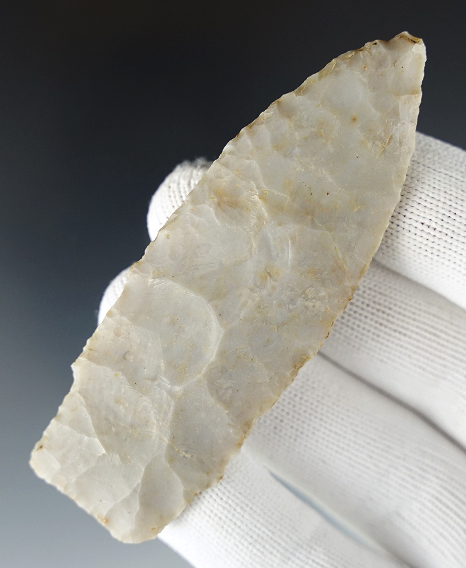 Nice 3 3/8" Stemmed Lance made from Flint Ridge Chalcedony. Found in Lorain Co., Ohio.