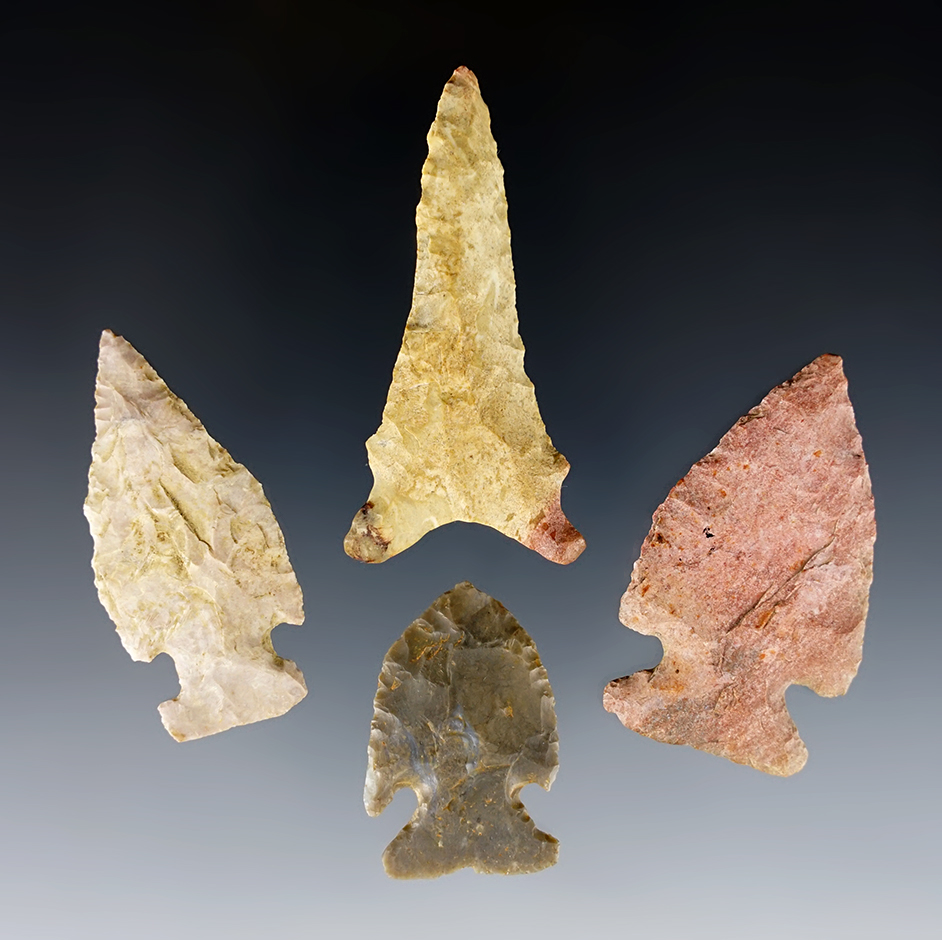 Set of 4 points found by Charlie Long in Kentucky. Includes 2 Jacks Reef. The largest is 2 1/8".
