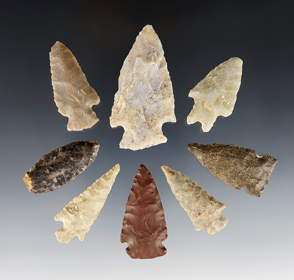 Set of 8 nicely made points found in the Utah/Wyoming area. The largest is 2 5/16".