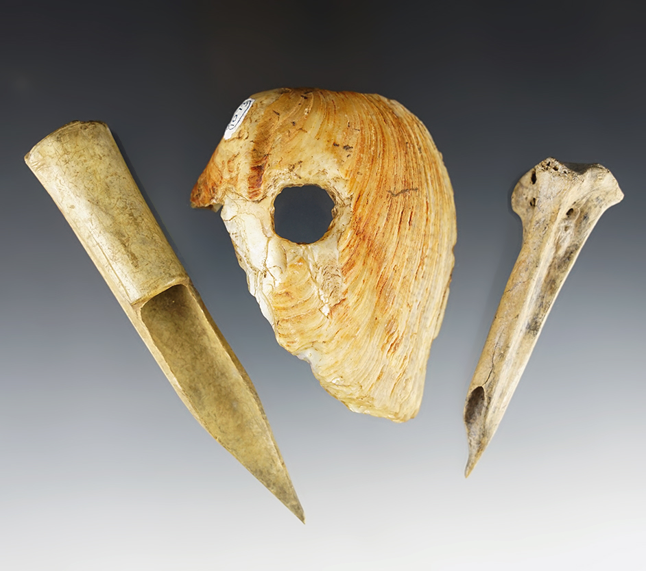 Set of 3 artifacts including an Ohio Awl and a Shell Hoe from Ross Co., Ohio. Ex. Kramer/Saunders.