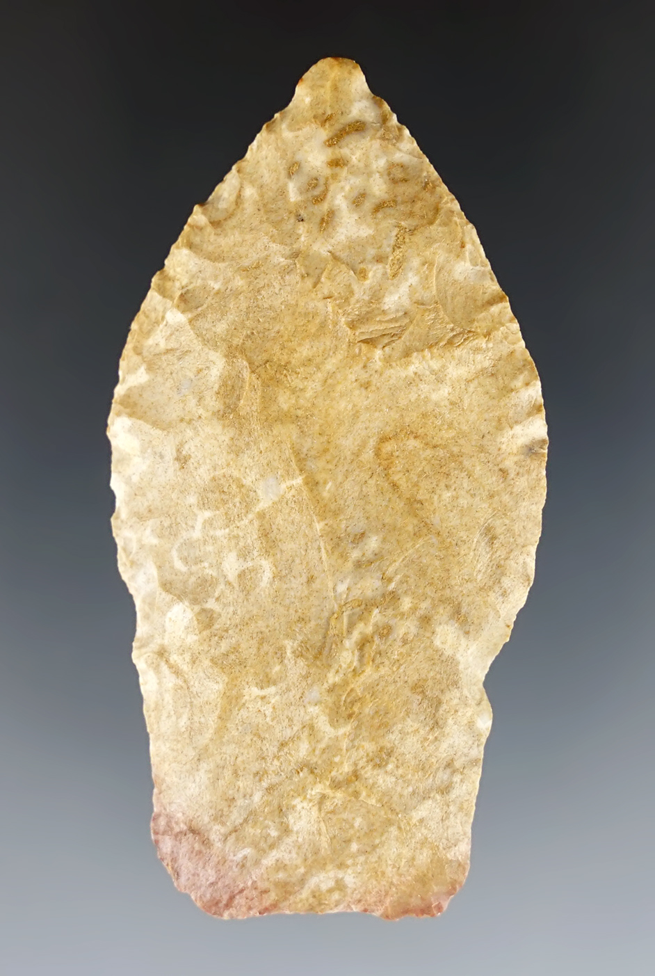2 1/2" Paleo Stemmed Lance made from Ft. Payne Chert. Ancient grinding to lower blade edges.