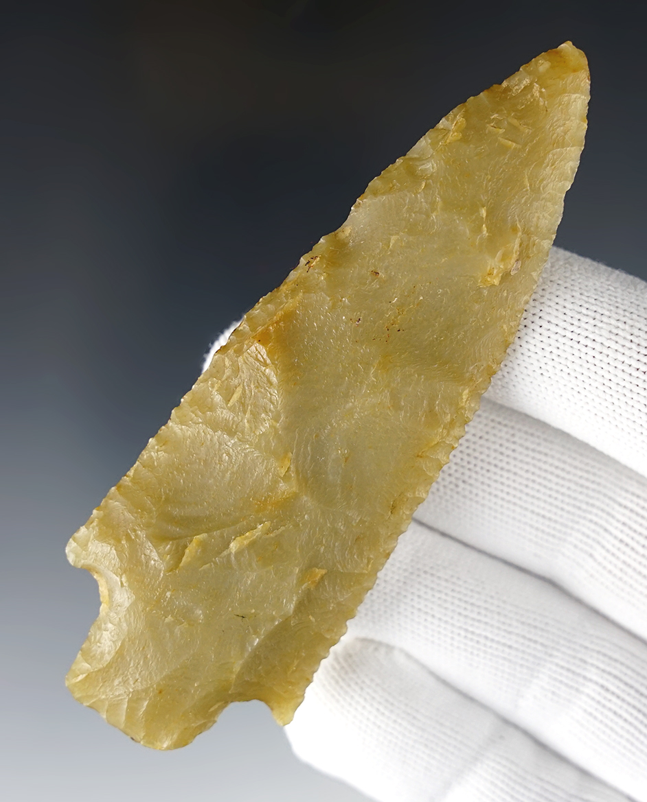 4 1/16" Little River made from well patinated Novaculite. Found in Nevada Co., Arkansas.  COA.