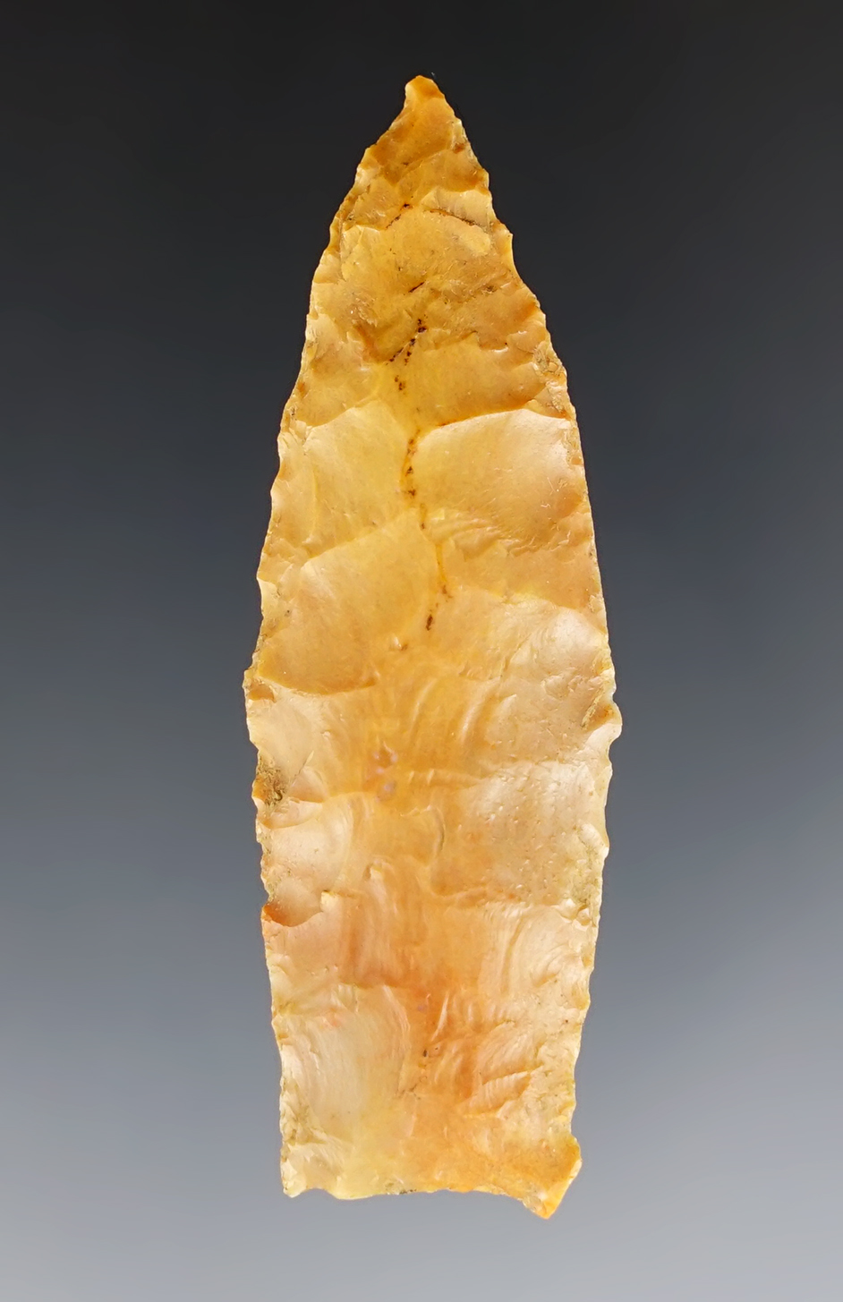 Nice basal grinding -2 1/4" Paleo Dart - beautiful Carter Cave Flint. Found by Charlie Long in KY.