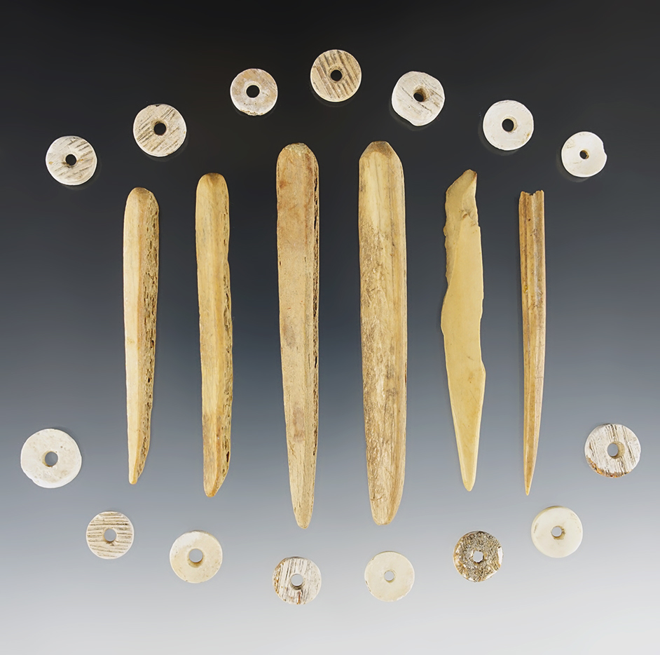 Nice Cache of Beads and Bone Pins recovered at a site in Kentucky. The largest is 3 5/8".