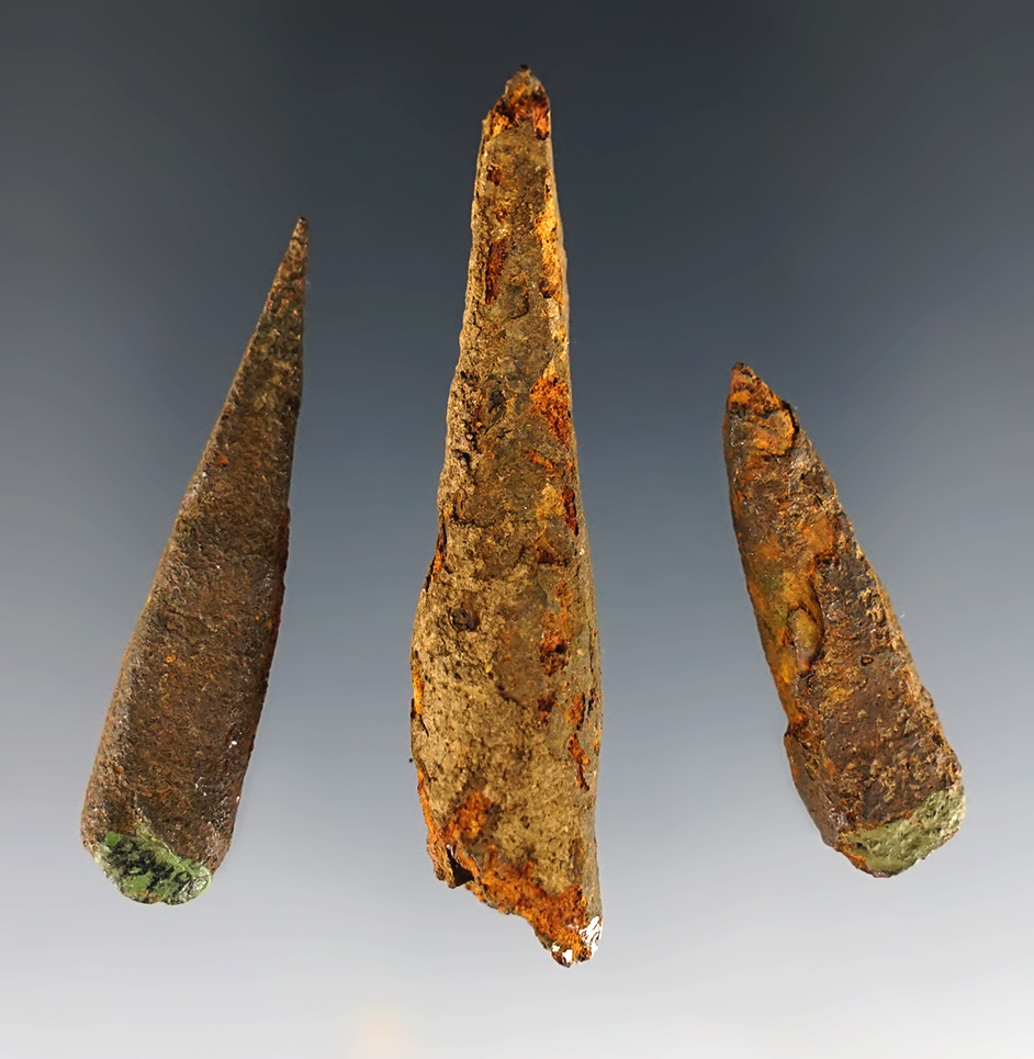 Set of 3 historic Iron points found in New York. The largest is 2 3/8".