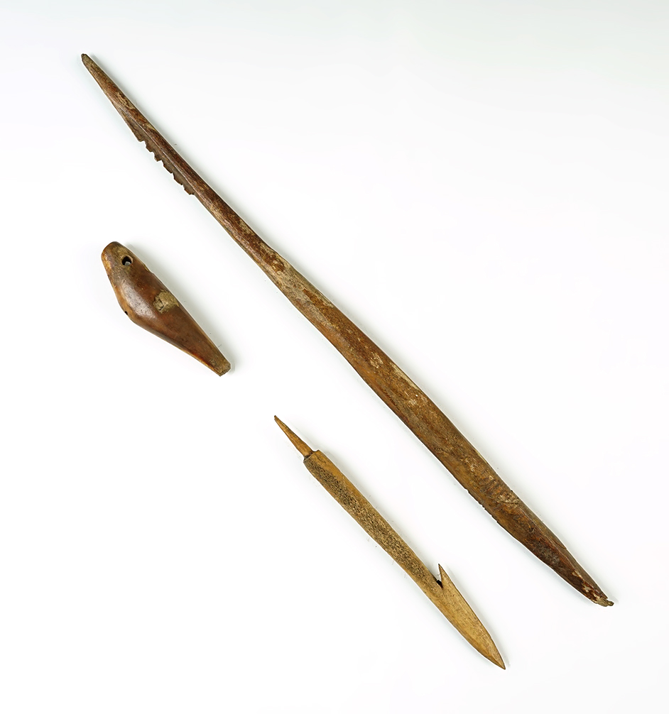 Set of 3 Alaskan Inuit artifacts including 2 Harpoons and a whistle. The largest is 12".