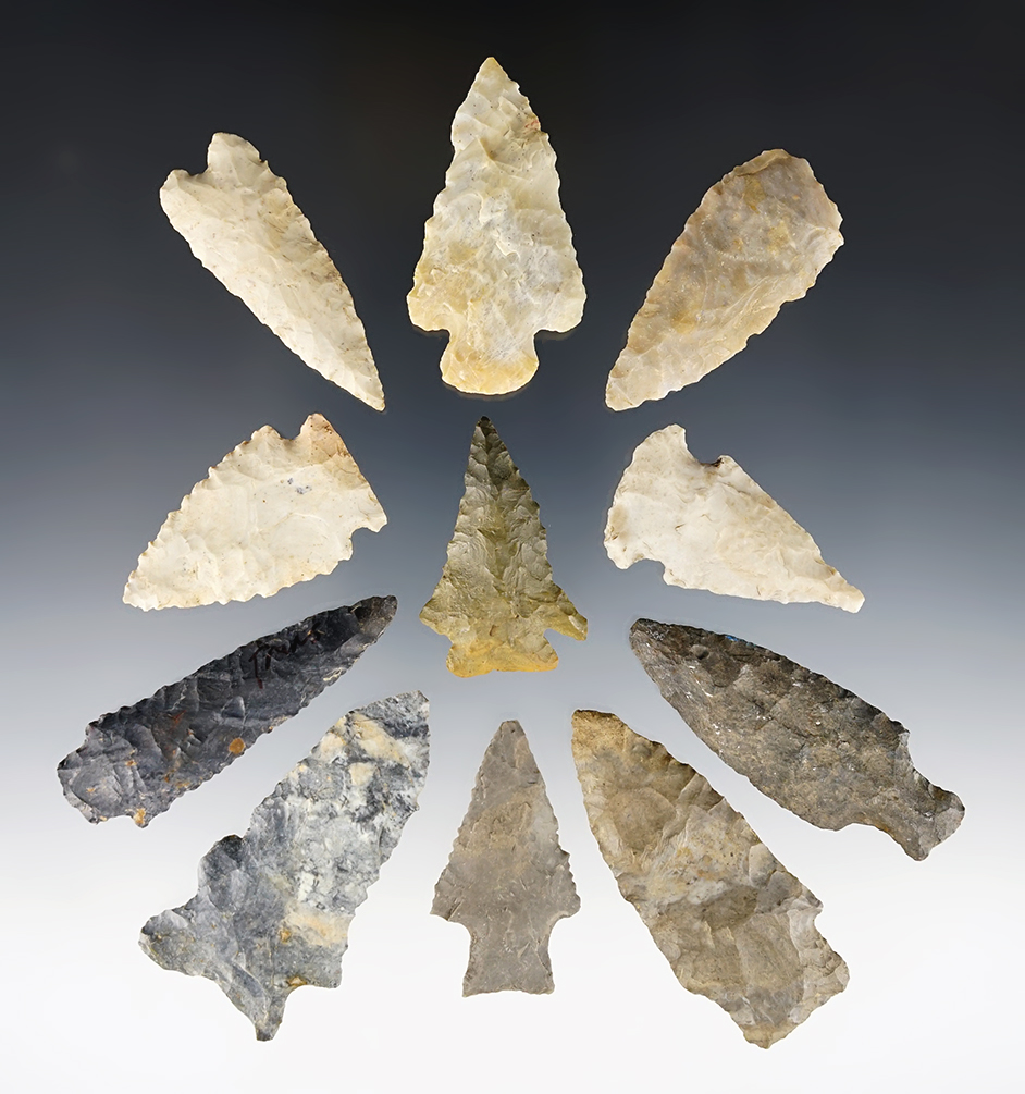 Set of 11 assorted Ohio points in good condition. The largest is 2 1/2".