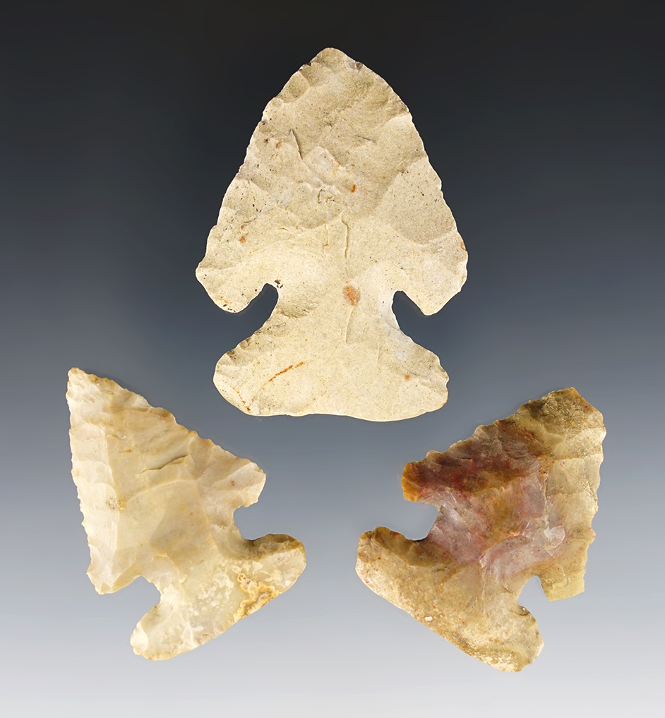 Set of 3 Archaic Thebes points. 2 are steeply beveled. Found in the Southern Ohio/Kentucky area.