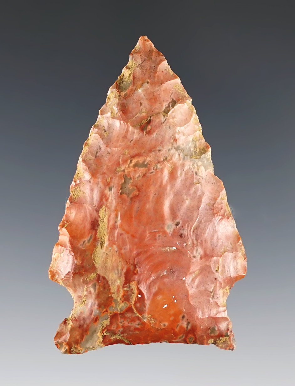 Highly colorful 2 1/8" Cornernotch found in Itawamba Co., Mississippi. Jasper. Dickey COA.