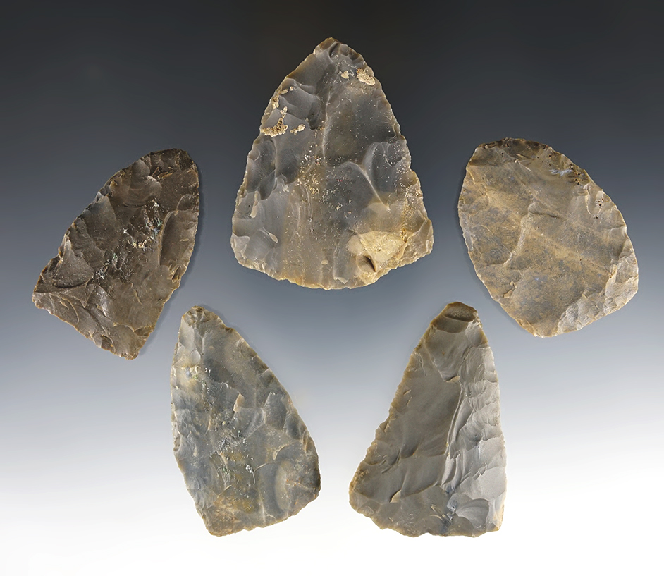 Cache of 5 Decatur Blades found close to Caney Fork, Smith Co., Tennessee. The largest is 2 9/16"