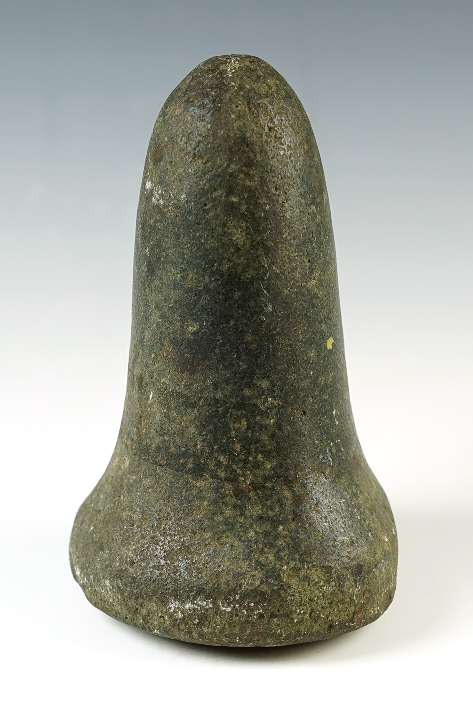 5 1/4" Bell Pestle made from polished black Hardstone with a nice divot on the base. Pike Co., OH.