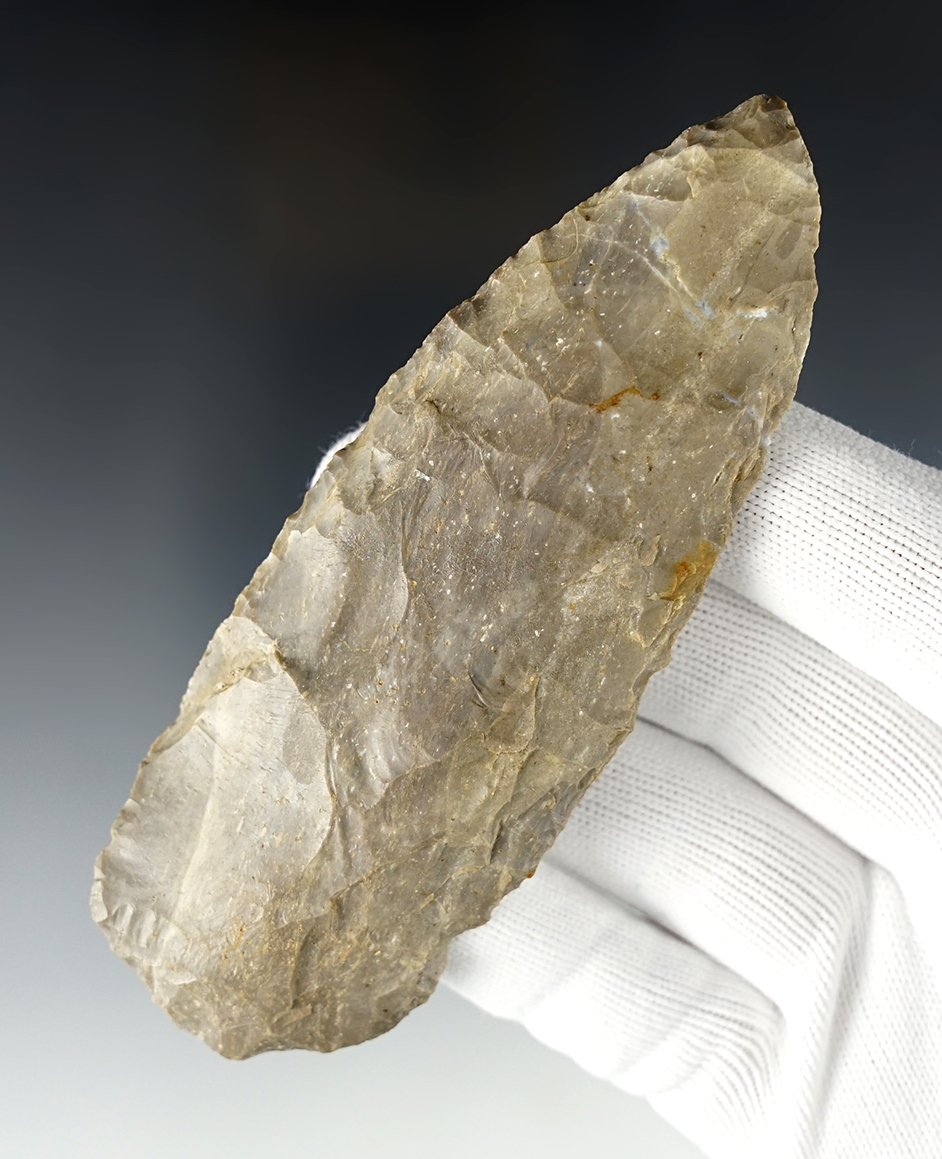4 7/8" Arkansas Knife made from grey and cream-colored Chert. Comes with a Davis COA.