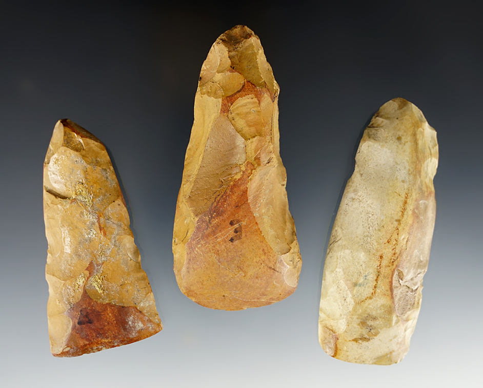 Set of 3 nicely made Flint Celts found in Mississippi & St. Francis Co., Arkansas. Ex. Steve Puttera.