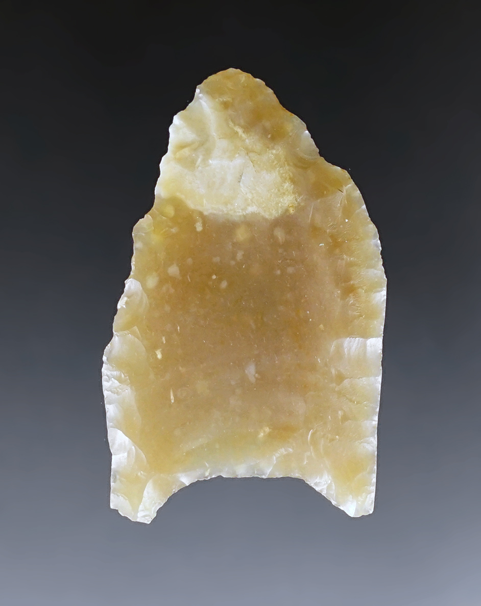 1 7/16" Paleo Folsom with nice grinding found close to Fence Lake, New Mexico. Ex. Tom Davis.
