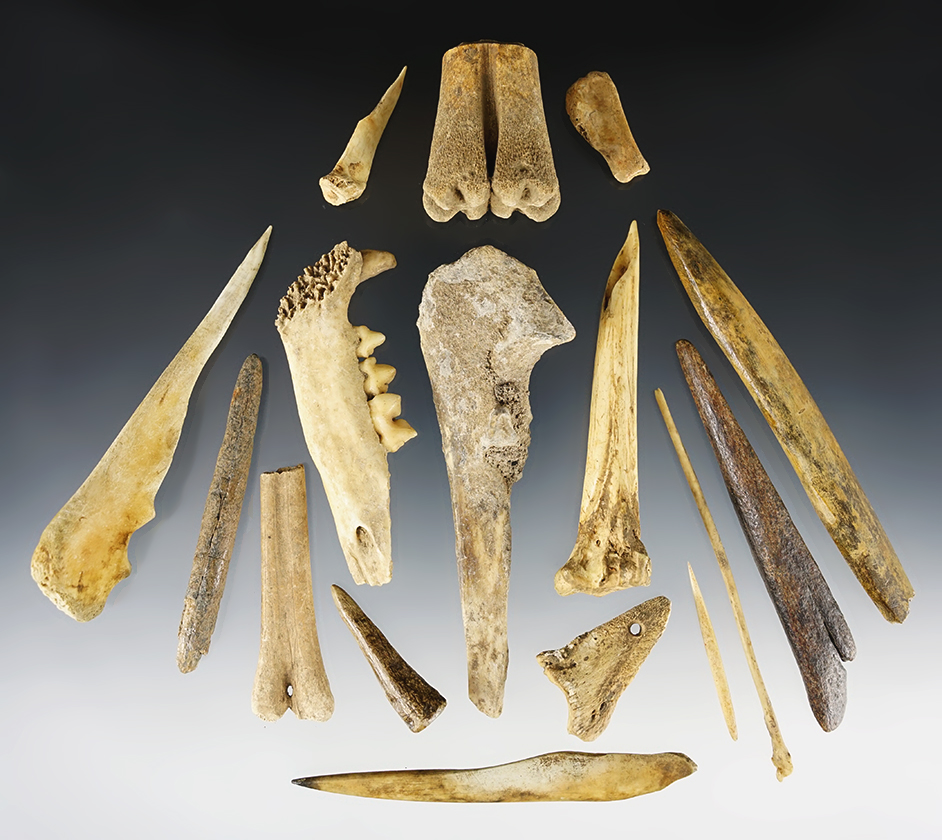 Set of 16 assorted Bone artifacts found in Kentucky. The largest is 4 5/16".