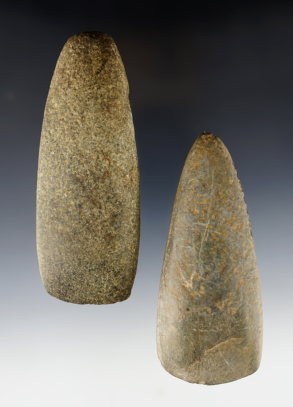 Pair of nicely made Hardstone Celts found in Hocking and Pickaway Co., Ohio. The largest is 4 5/8".
