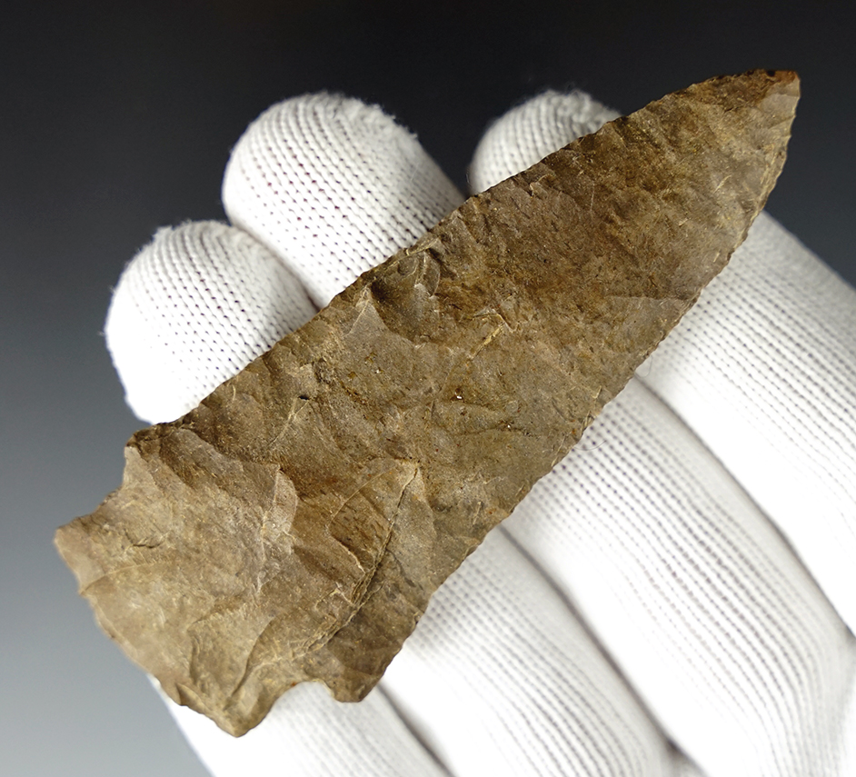 3 3/8" Big Slough made from patinated Dover Chert. Found in Henry Co., Kentucky.
