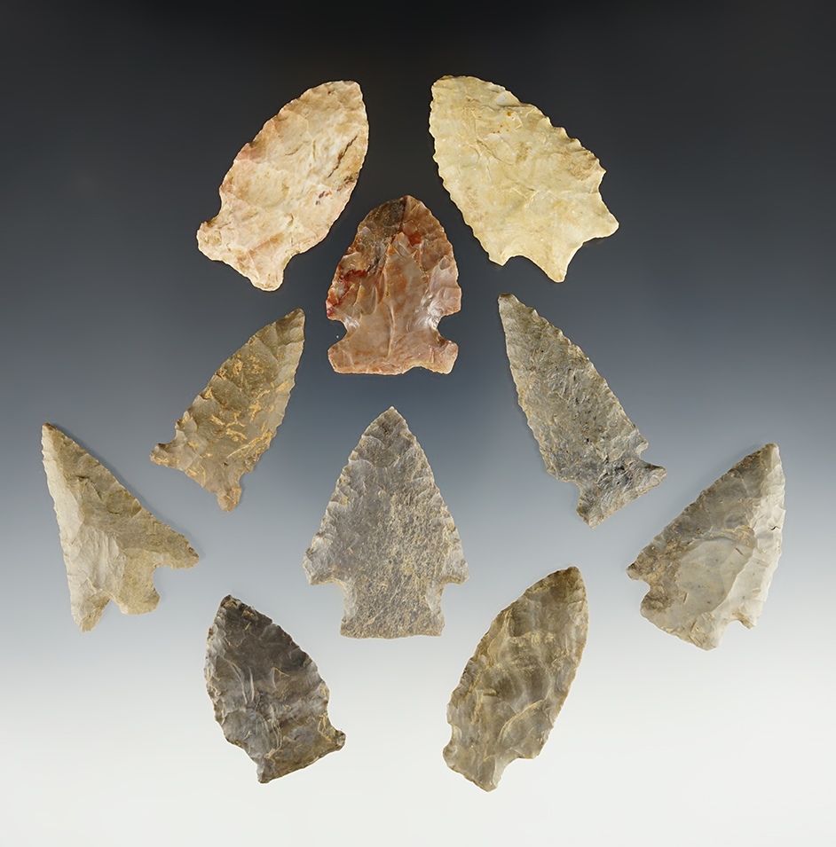 Set of 10 assorted points from the Kentucky & Tennessee area. The largest is 2 1/16".