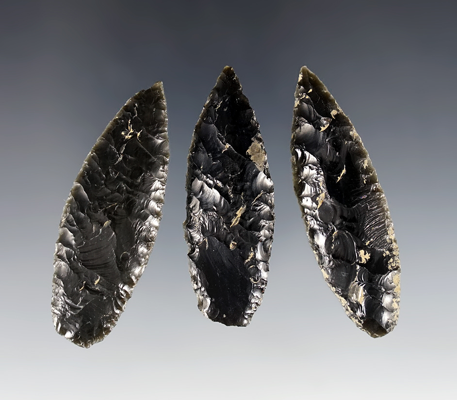 Set of 3 Cascades nicely flaked from Obsidian. All are from the Paulina Creek Cache, Lapine, Oregon.