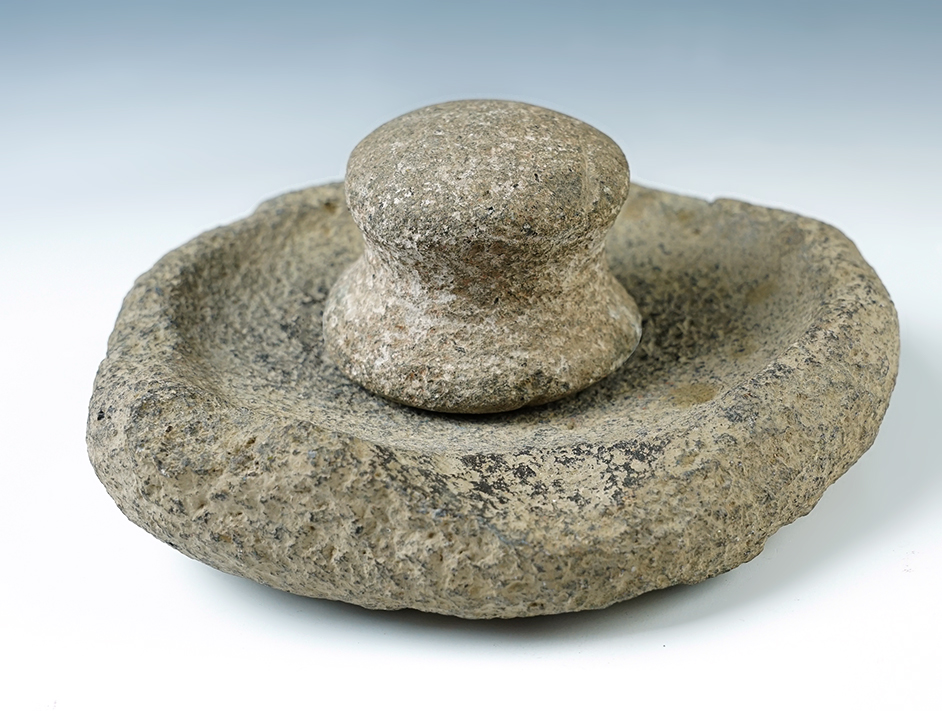 Outstanding Stone Dish and Pestle found in Perry Co., Ohio. Bowl measures 7 1/2" x 6 1/2".