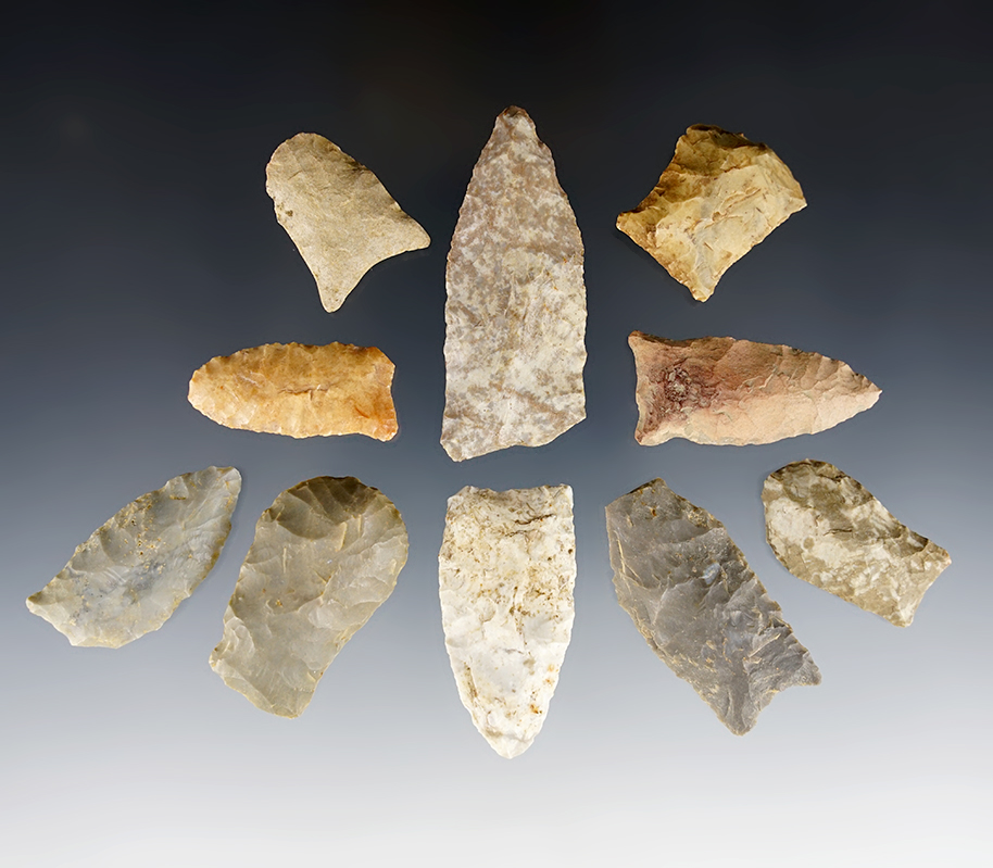 Set of 10 assorted Paleo points found in Kentucky. The largest is 2 1/4".