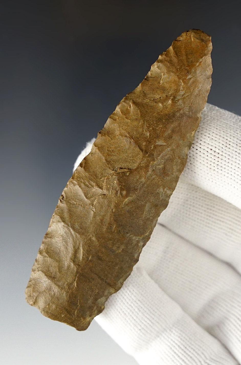 Unique river found 3 3/16" Paleo Fluted Cumberland with an anciently salvaged base. Tennessee.