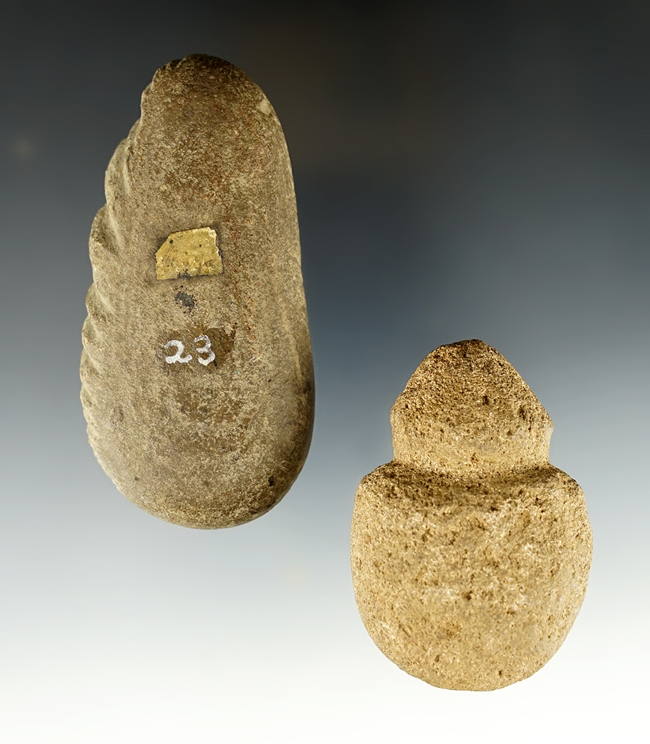 Pair of artifacts including a 2 3/4" Grooved Plummet found in Maine and an Abrading Stone - CT.