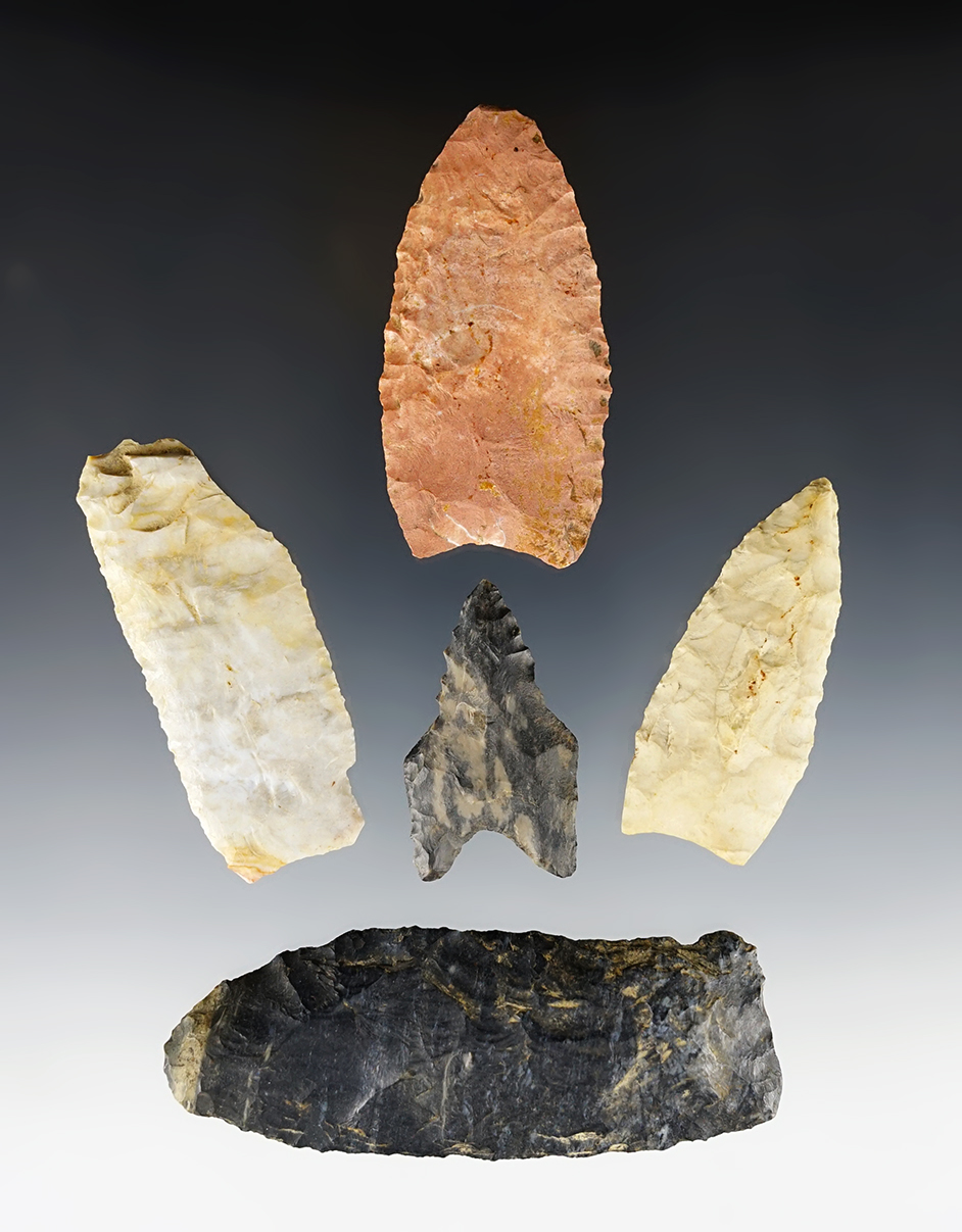 Set of 5 assorted Paleo points and Knives. Most are from Ohio. The largest is 3 1/2".